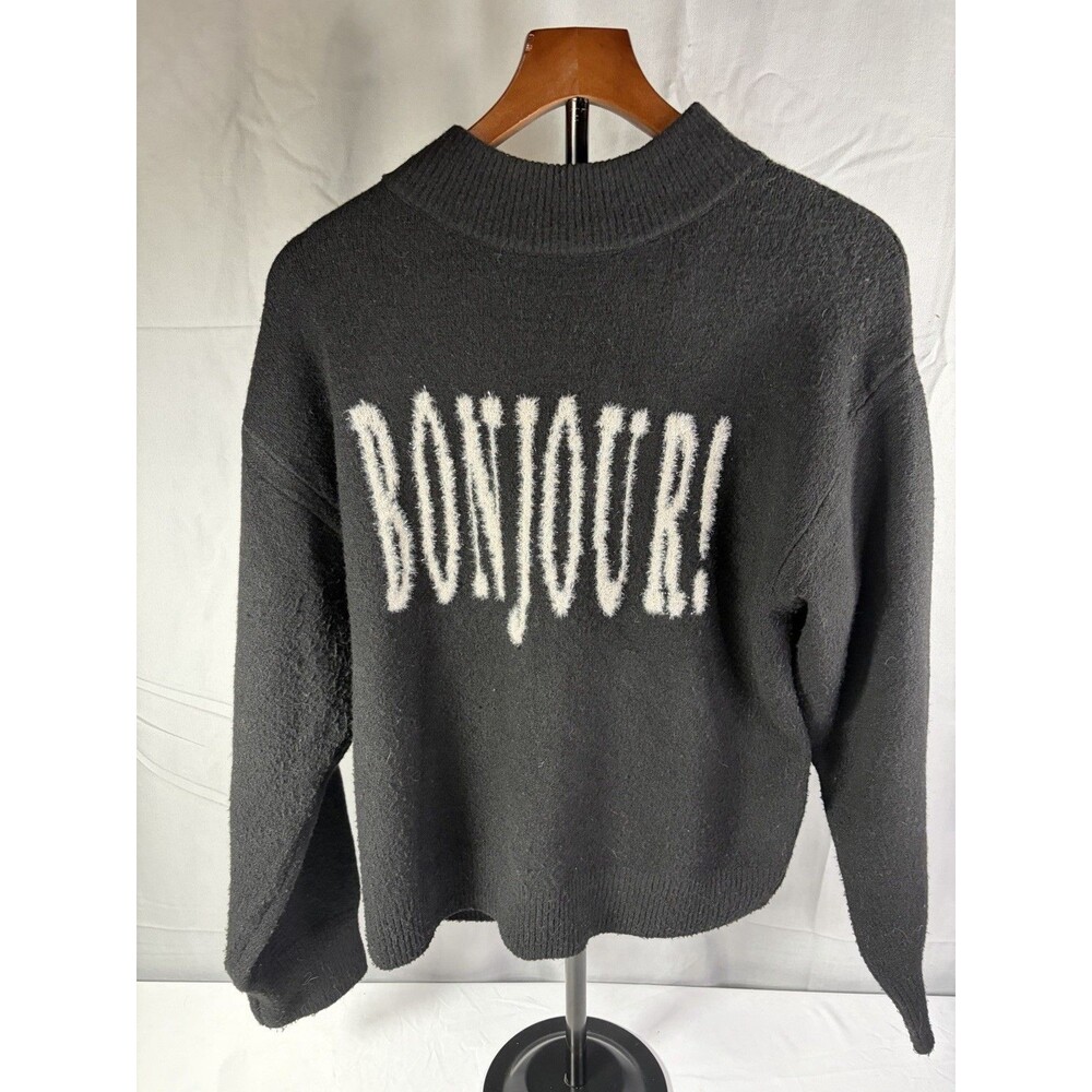 A New Day Women’s M Black BONJOUR Sweater Fuzzy Letter Graphic Pullover